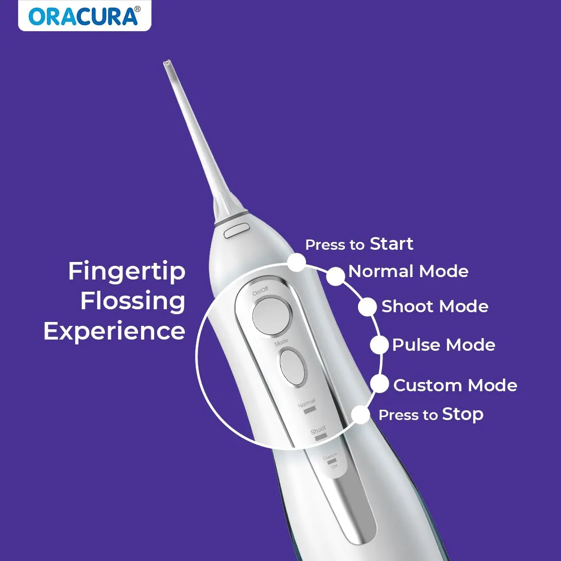 The ORACURA OC200 water flosser provides advanced dental cleaning with 8 pressure settings, 8 nozzle tips, a rechargeable battery for travel, and a waterproof design for easy use.