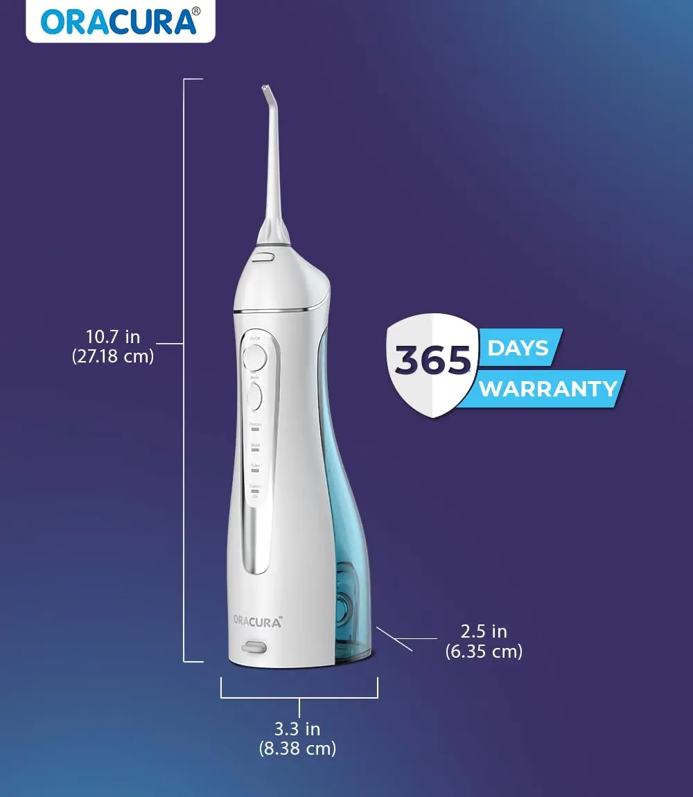 The Oracura OC200 Lite water flosser in white effectively removes plaque with 8 water pressure settings and 4 modes for improved oral hygiene, including a pulse mode for healthier gums, and comes with five nozzles and a USB charging cable.