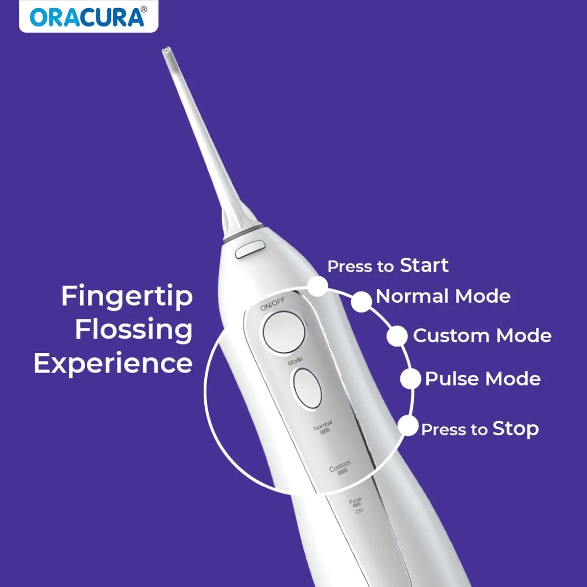 White Oracura water flosser with two nozzles, a USB charging cable, and a user manual for effective plaque removal and improved gum health.