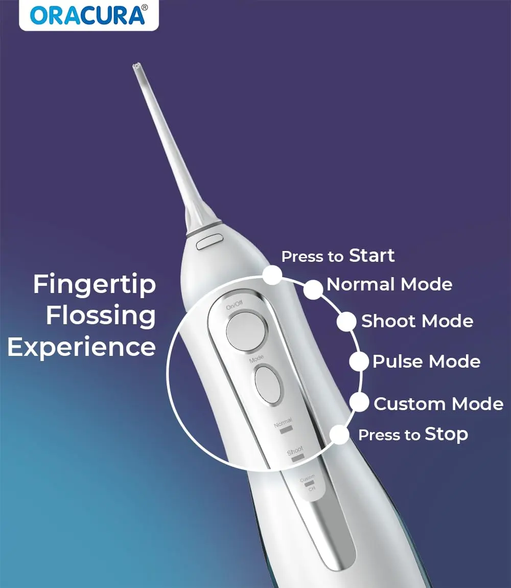 The Oracura OC200 Lite water flosser in white effectively removes plaque with 8 water pressure settings and 4 modes for improved oral hygiene, including a pulse mode for healthier gums, and comes with five nozzles and a USB charging cable.