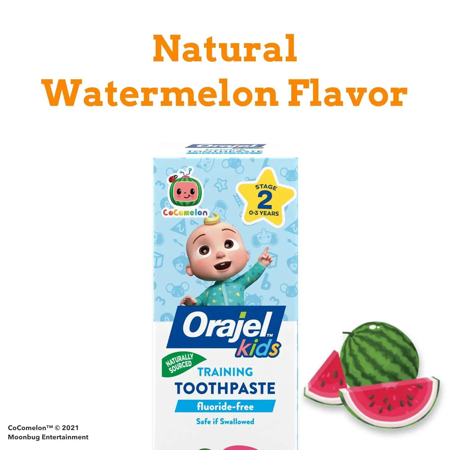 Orajel CoComelon fluoride-free training toothpaste gently cleans teeth and gums while making brushing fun with a natural watermelon flavor.