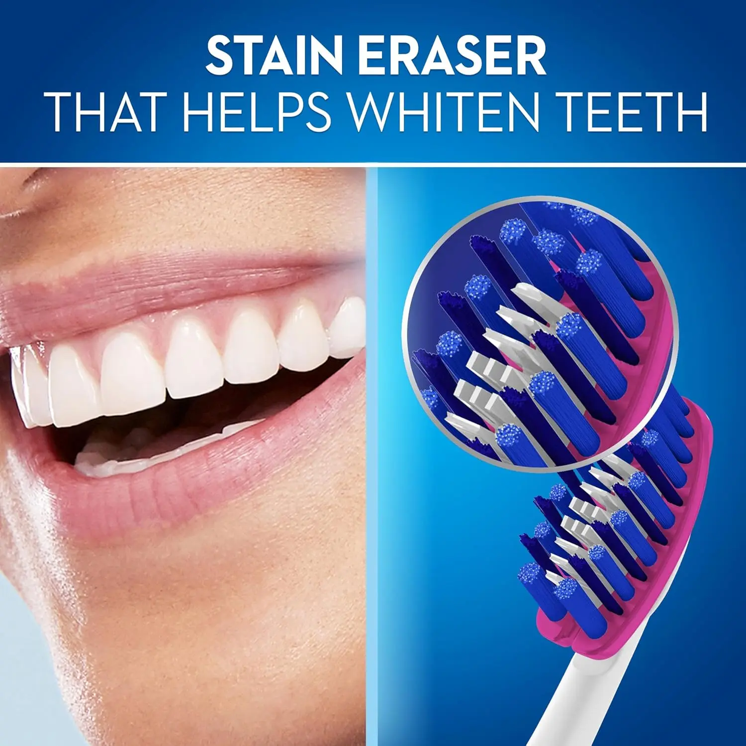 The Oral-B 3D White Luxe Pro-Flex medium toothbrush removes up to 90% of surface stains in two weeks with a stain eraser that polishes teeth.