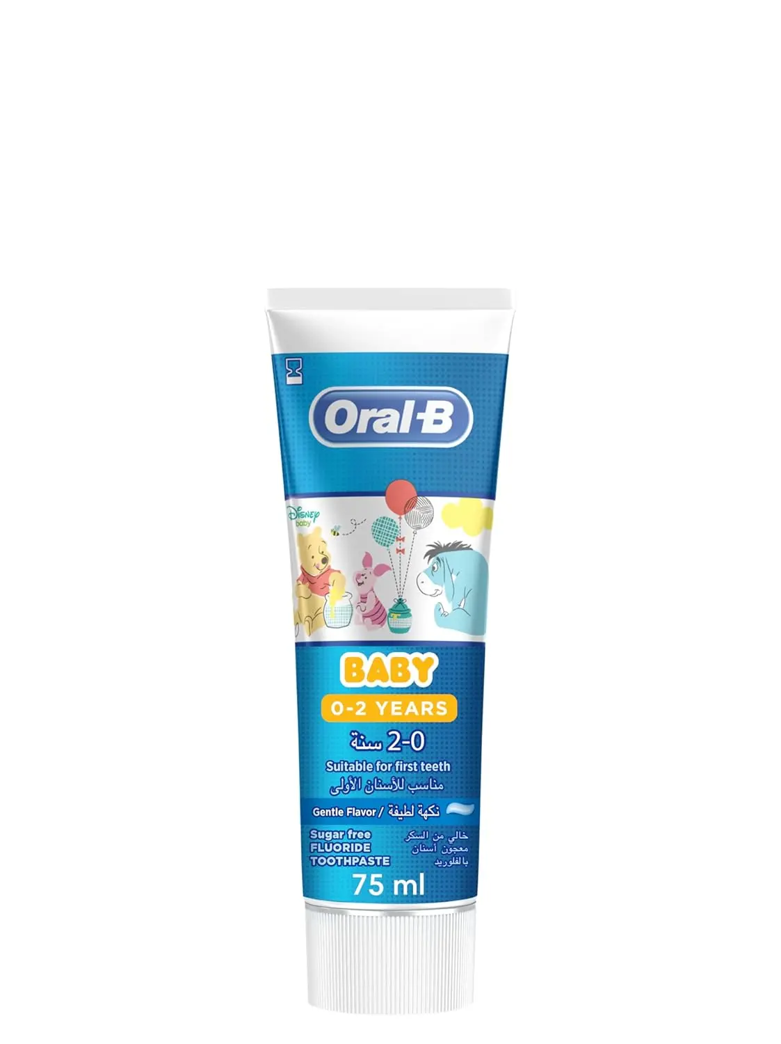 Oral-B Baby Winnie the Pooh toothpaste designed for babies 0-2 years, sugar-free with mild fruit flavor to gently clean and protect from cavities while encouraging healthy habits.
