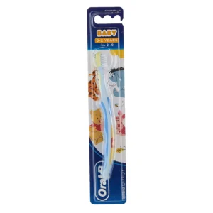 Oral-B Baby Winnie the Pooh toothbrush with extra soft bristles and cushioned head designed for gentle cleaning of 0-2 year old's gums.