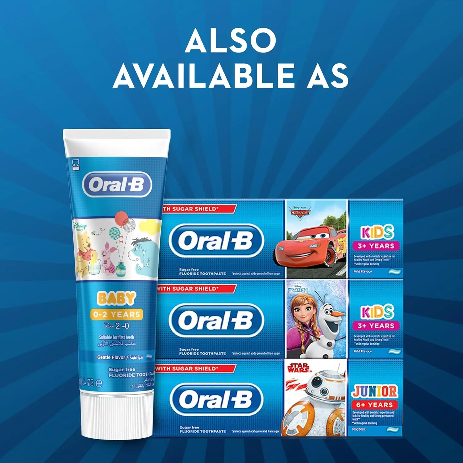 Oral-B Baby Winnie the Pooh toothpaste designed for babies 0-2 years, sugar-free with mild fruit flavor to gently clean and protect from cavities while encouraging healthy habits.
