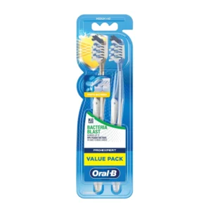 Two multicolour Oral-B Pro-Expert toothbrushes with angled CrissCross bristles for plaque removal and antibacterial bristle protection.