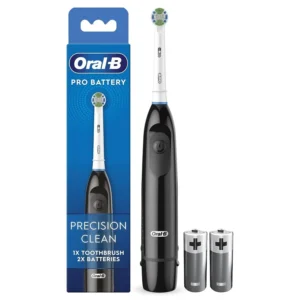 The Oral-B battery powered toothbrush comes with two batteries and features color-changing bristles that indicate when the brush head needs replacing for optimal plaque removal.