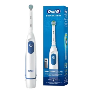 White Oral-B battery-powered toothbrush with Precision Clean brush head for effective plaque removal and superior tooth-by-tooth cleaning.