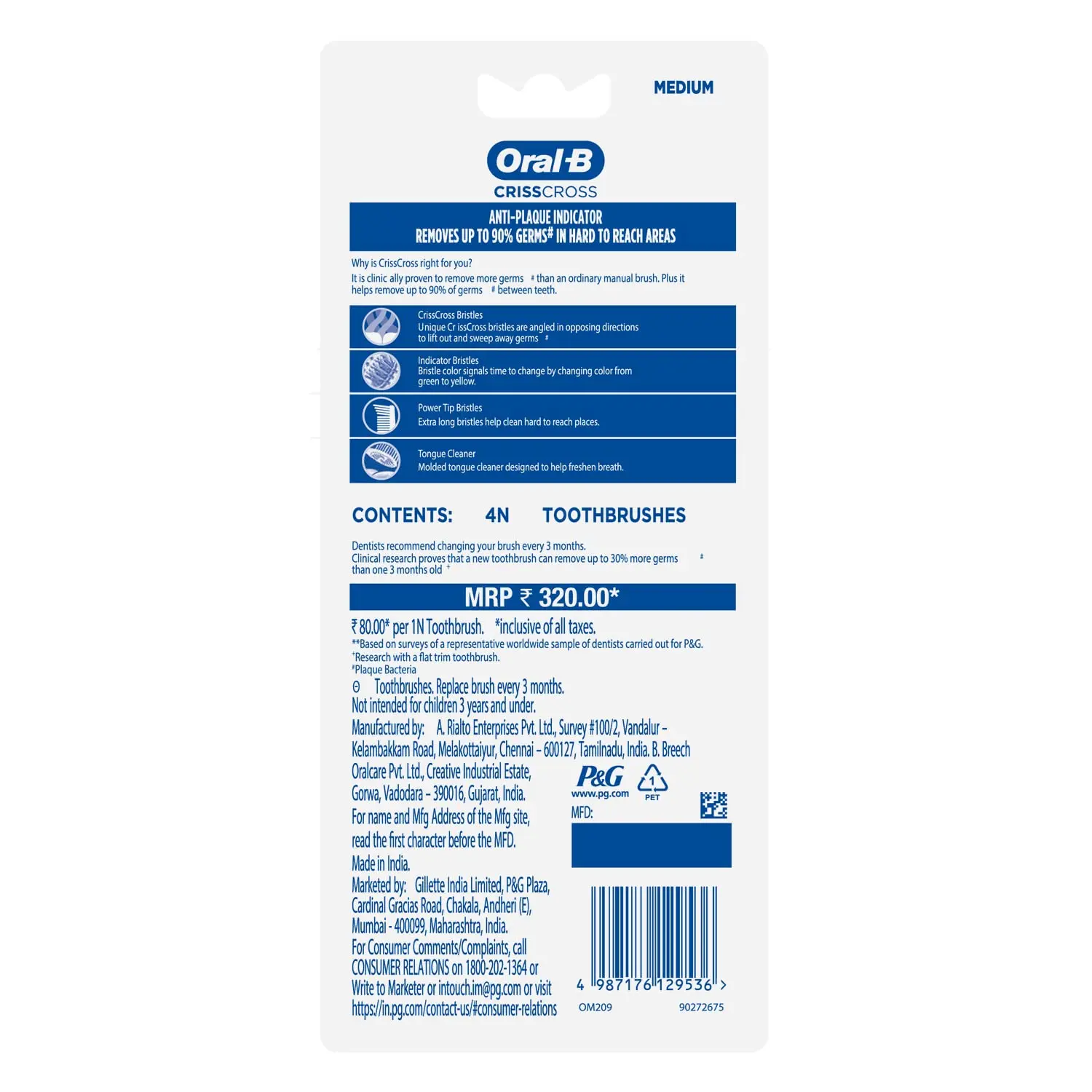 This is a four pack of Oral-B Criss Cross toothbrushes with medium bristles, angled for effective plaque removal and featuring a tongue cleaner.