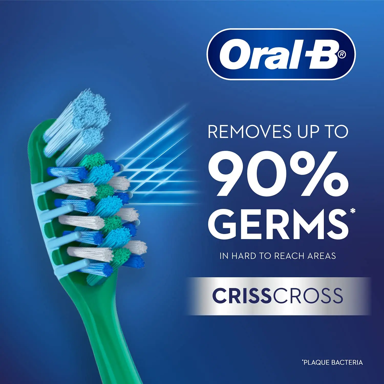 This is a four pack of Oral-B Criss Cross toothbrushes with medium bristles, angled for effective plaque removal and featuring a tongue cleaner.