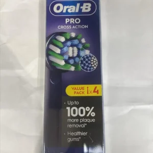 A pack of four black Oral-B Cross Action replacement toothbrush heads with X-shape and angled bristles designed for deeper cleaning and plaque removal.
