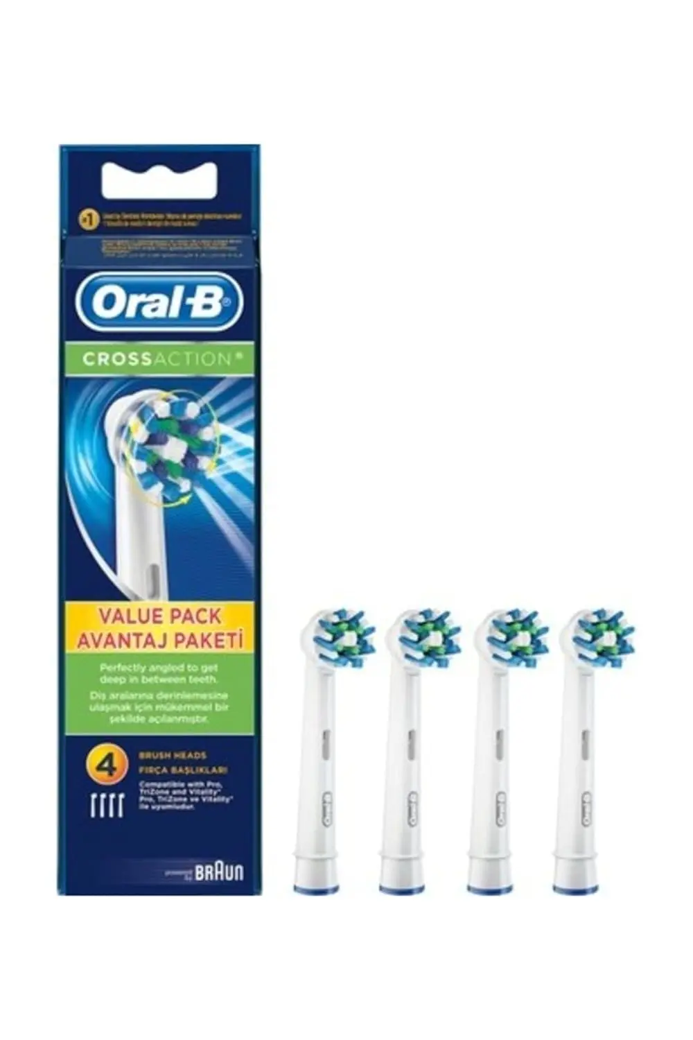 Four Oral-B Cross Action replacement brush heads angled to reach deep between teeth for superior plaque removal and healthier gums.