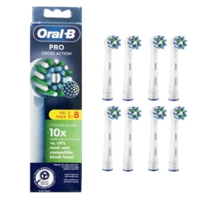 A pack of eight Oral-B Pro Cross Action replacement toothbrush heads with X-shape bristles for effective plaque removal and healthier gums.