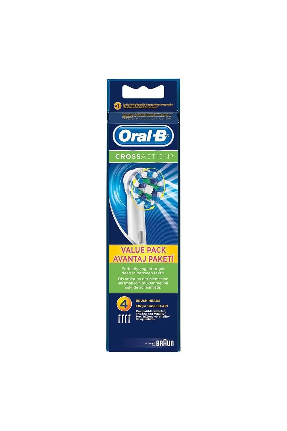 Four Oral-B Cross Action replacement brush heads angled to reach deep between teeth for superior plaque removal and healthier gums.