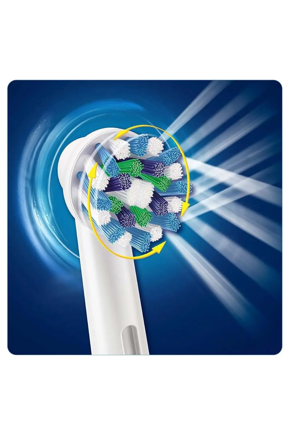 Four Oral-B Cross Action replacement brush heads angled to reach deep between teeth for superior plaque removal and healthier gums.