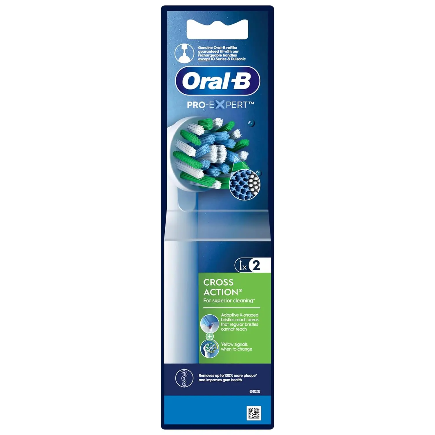 Four Oral-B Cross Action replacement brush heads angled to reach deep between teeth for superior plaque removal and healthier gums.