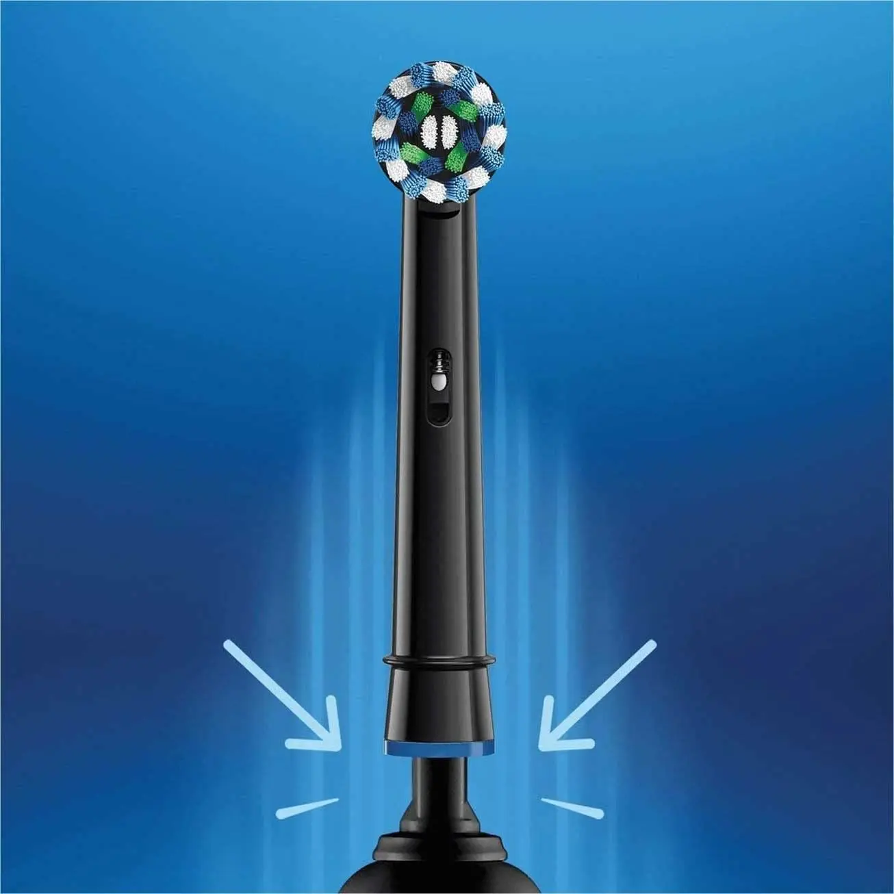 Four black Oral-B CrossAction replacement brush heads, designed with 16-degree angled bristles to remove plaque and whiten teeth, compatible with most Oral-B electric toothbrushes.