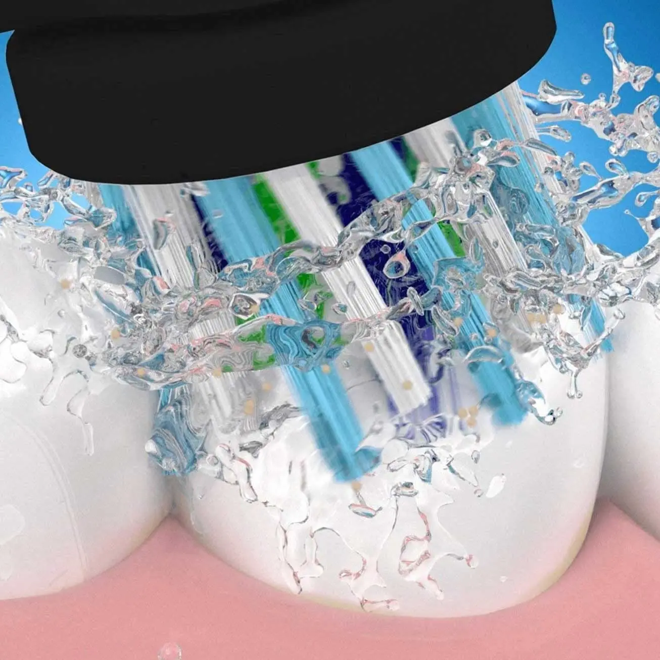 Four black Oral-B CrossAction replacement brush heads, designed with 16-degree angled bristles to remove plaque and whiten teeth, compatible with most Oral-B electric toothbrushes.