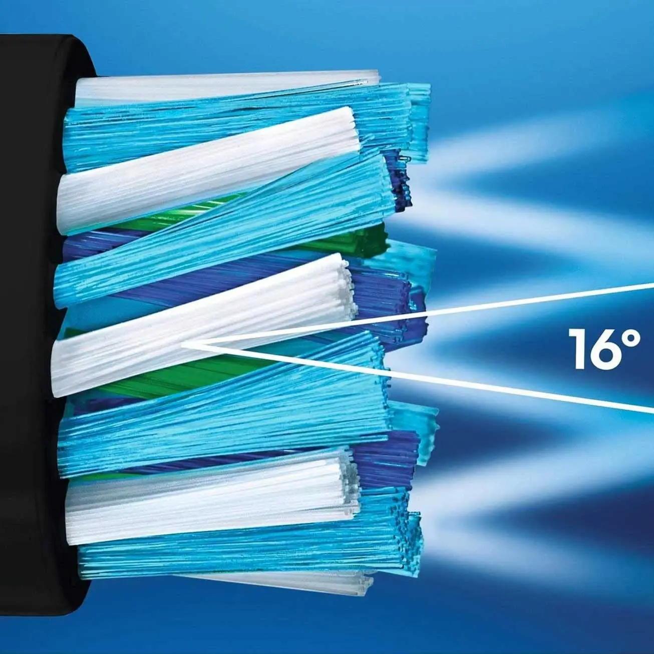 Four black Oral-B CrossAction replacement brush heads, designed with 16-degree angled bristles to remove plaque and whiten teeth, compatible with most Oral-B electric toothbrushes.