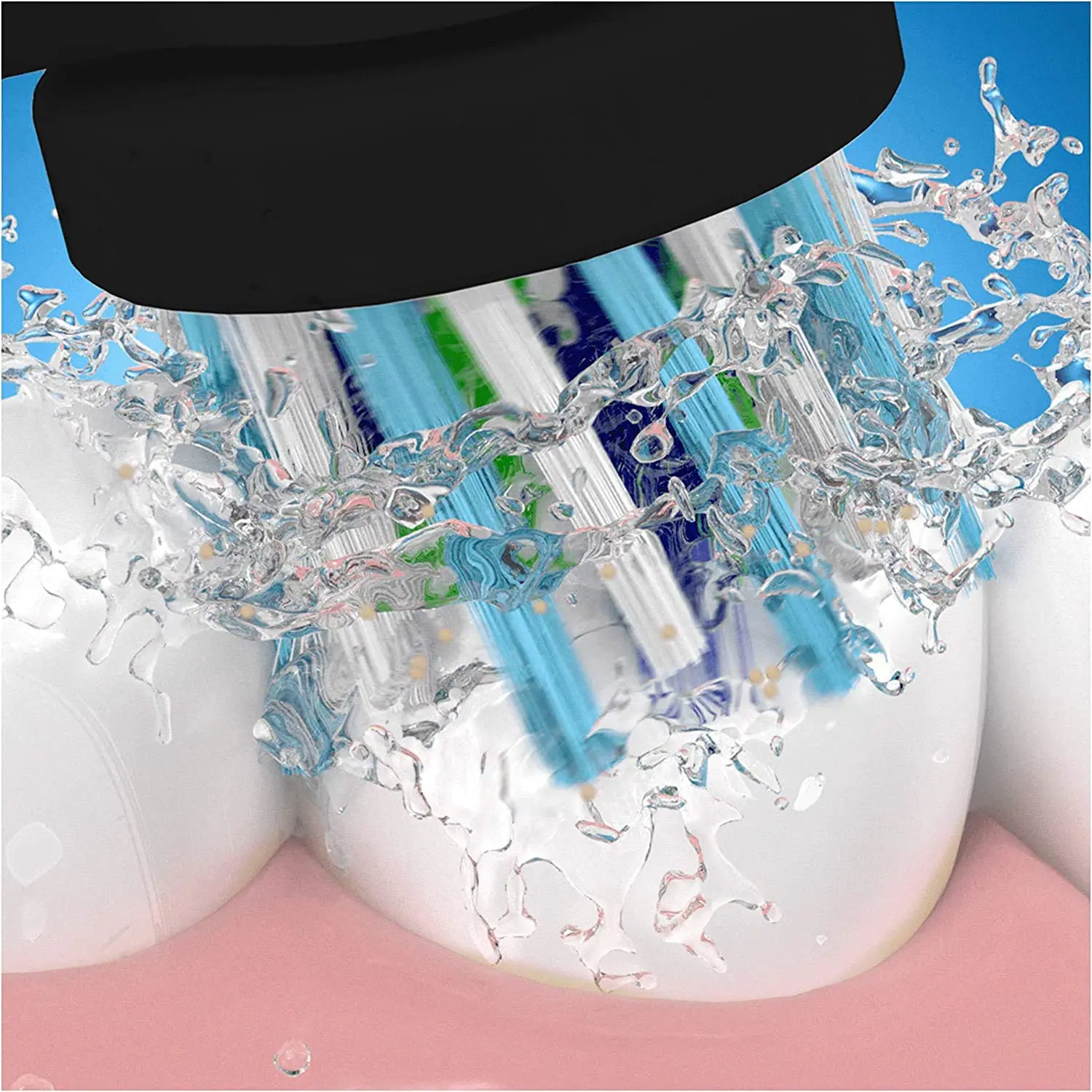 A pack of four black Oral-B CrossAction replacement toothbrush heads with angled bristles for deep cleaning and plaque removal, featuring indicator bristles that fade to signal when it's time to replace the head.