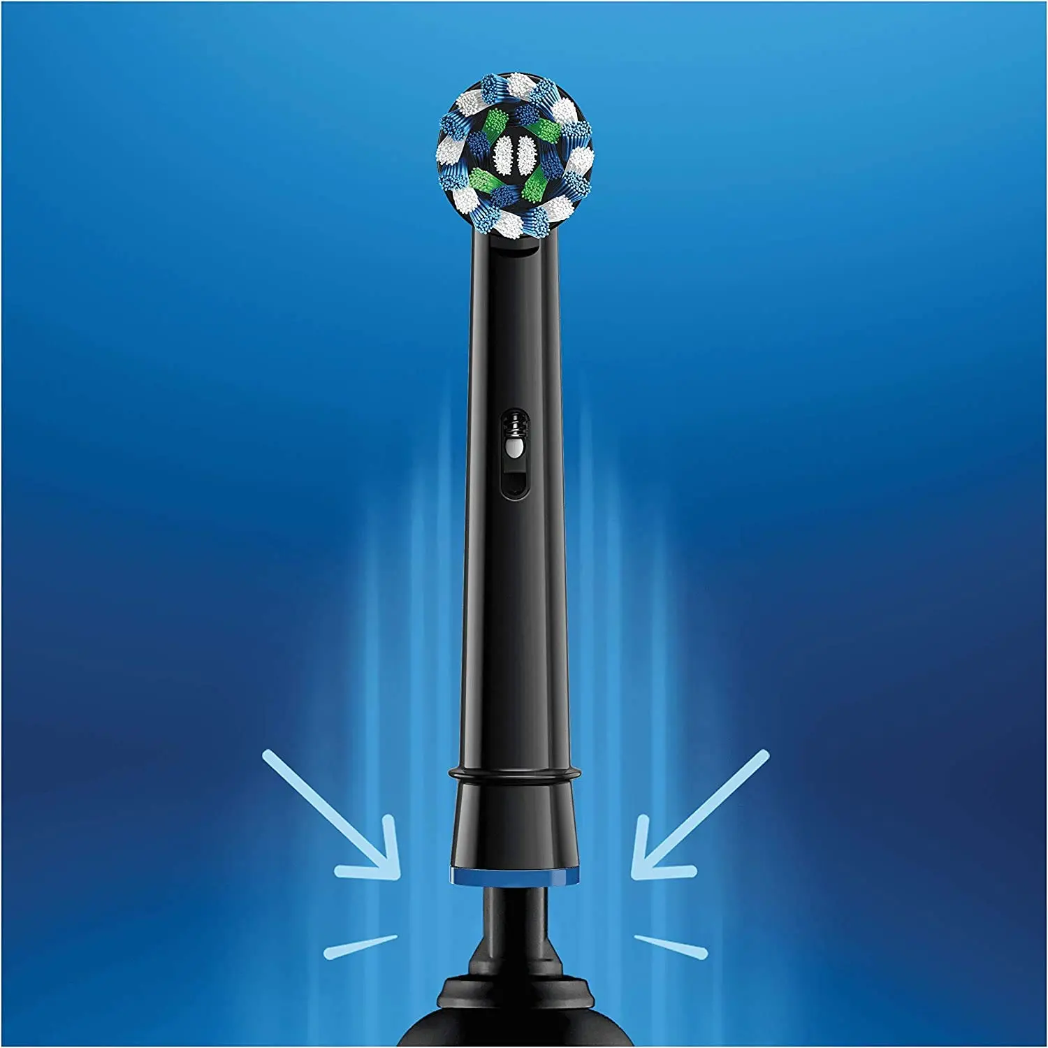 A pack of four black Oral-B CrossAction replacement toothbrush heads with angled bristles for deep cleaning and plaque removal, featuring indicator bristles that fade to signal when it's time to replace the head.