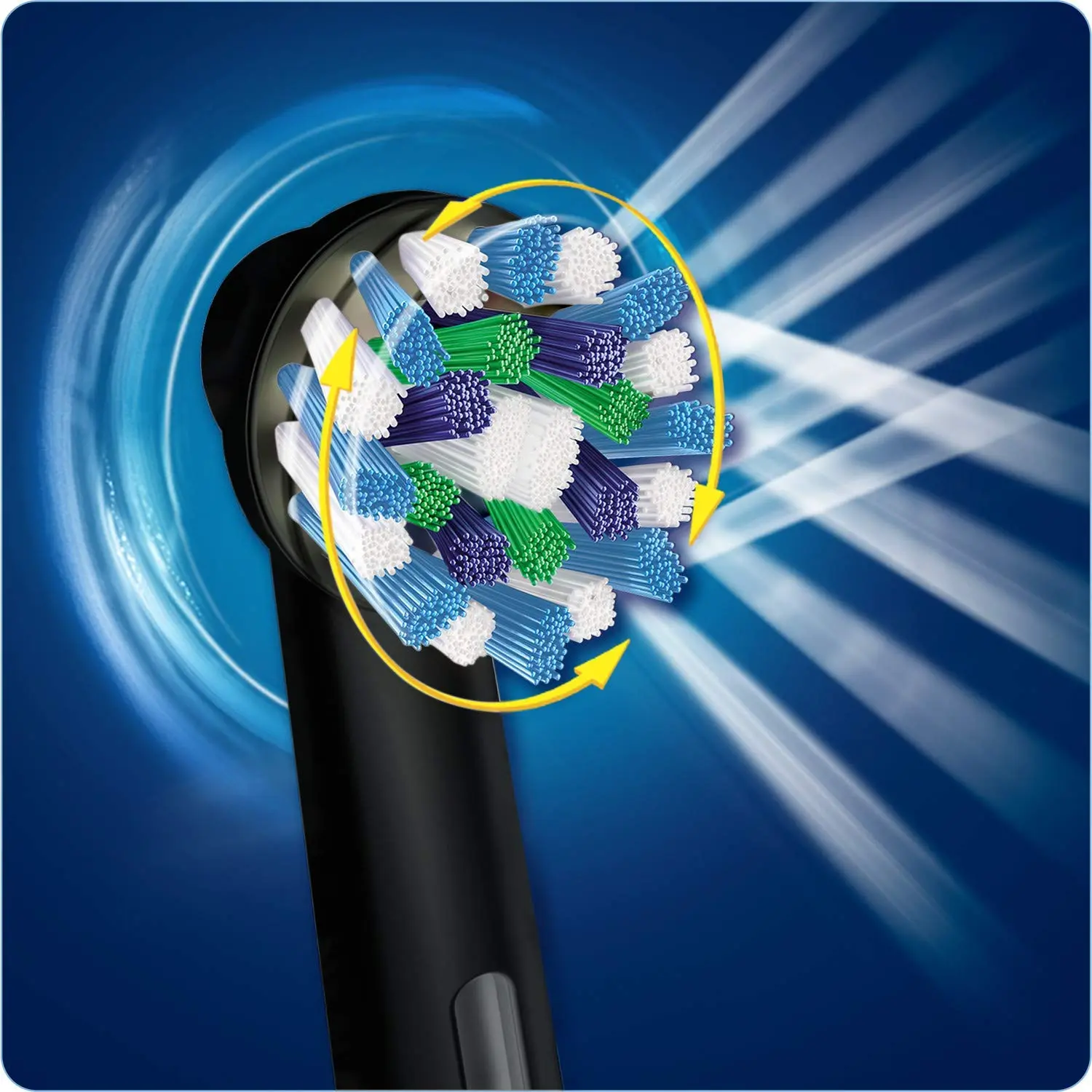 A pack of four black Oral-B CrossAction replacement toothbrush heads with angled bristles for deep cleaning and plaque removal, featuring indicator bristles that fade to signal when it's time to replace the head.