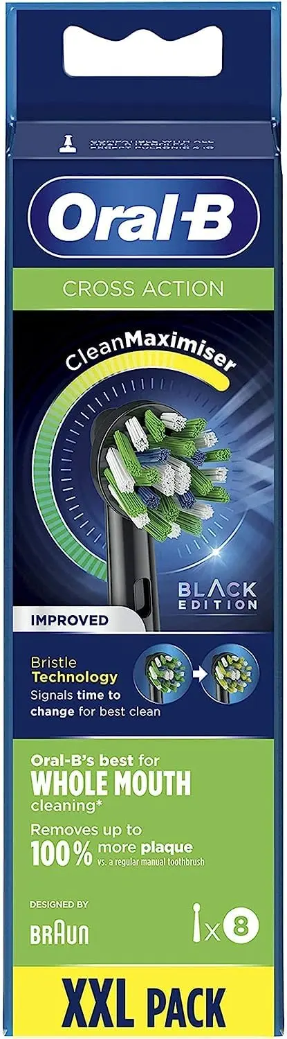 A pack of four black Oral-B CrossAction replacement toothbrush heads with angled bristles for deep cleaning and plaque removal, featuring indicator bristles that fade to signal when it's time to replace the head.