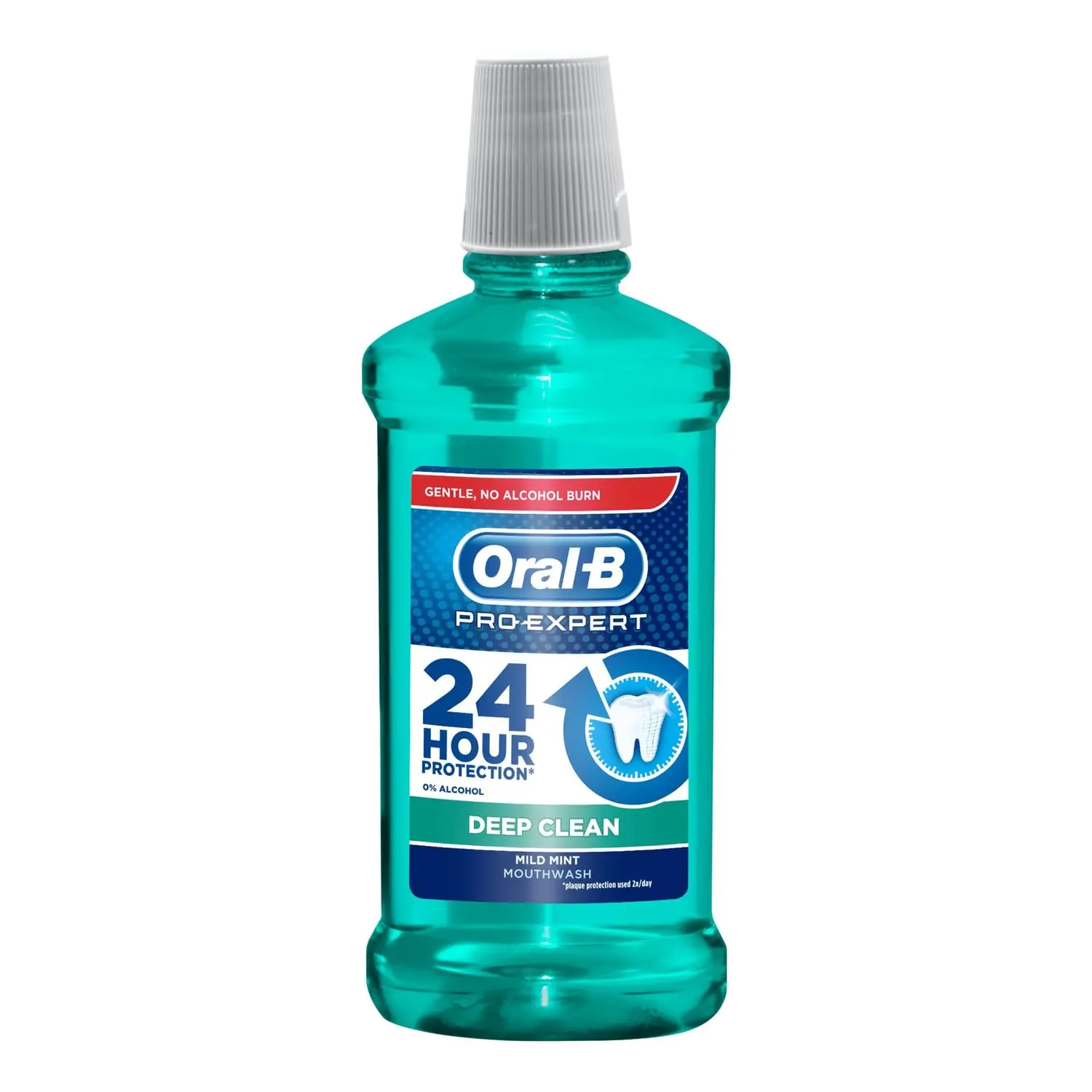Bottle of Oral-B Pro Expert Deep Clean Mild Mint Mouthwash, providing 24-hour plaque protection with a gentle, alcohol-free formula.