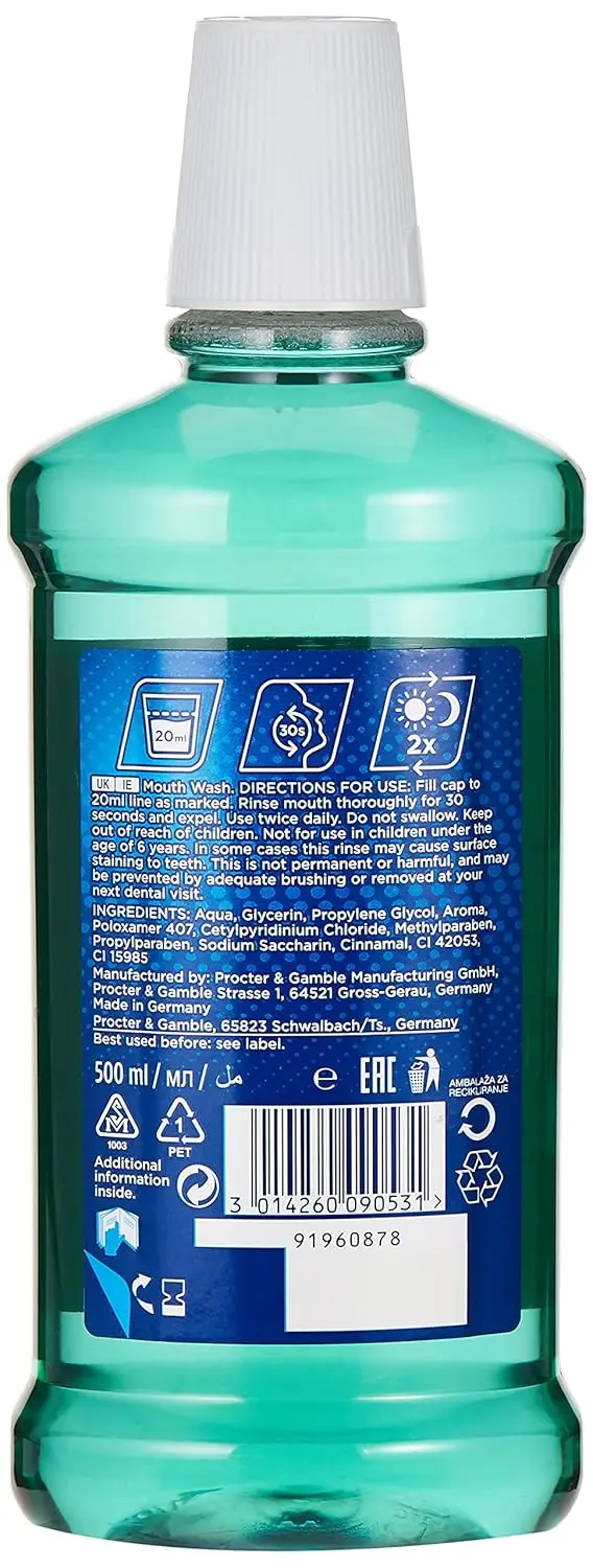 Two bottles of Oral-B Pro-Expert Deep Clean 500ml mouthwash, offering active clean crystals for deep cleaning, preventing tartar, whitening teeth, and protecting against enamel erosion.