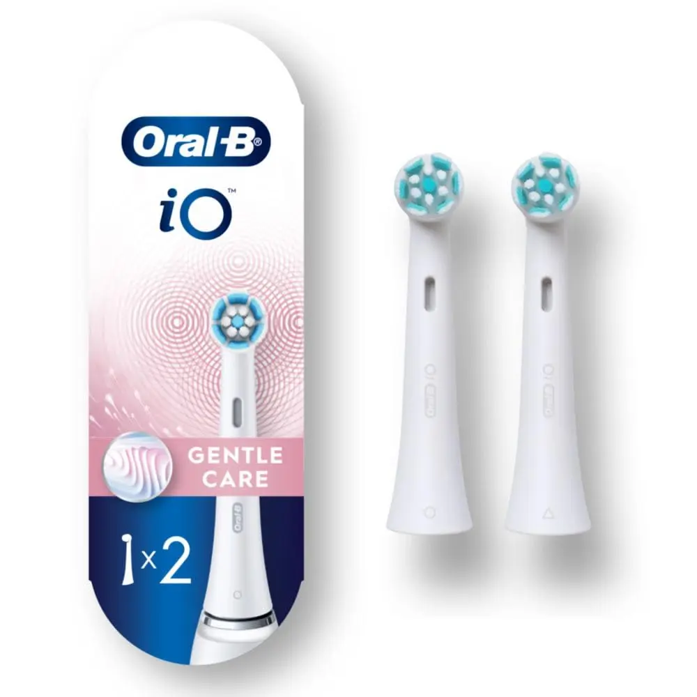 Two white Oral-B iO Gentle Care replacement brush heads with soft bristles, designed for gentle cleaning of teeth and gums with Oral-B iO electric toothbrushes.