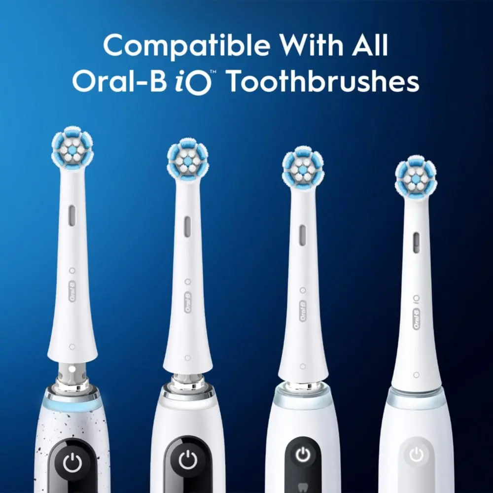 Two white Oral-B iO Gentle Care replacement brush heads with soft bristles, designed for gentle cleaning of teeth and gums with Oral-B iO electric toothbrushes.