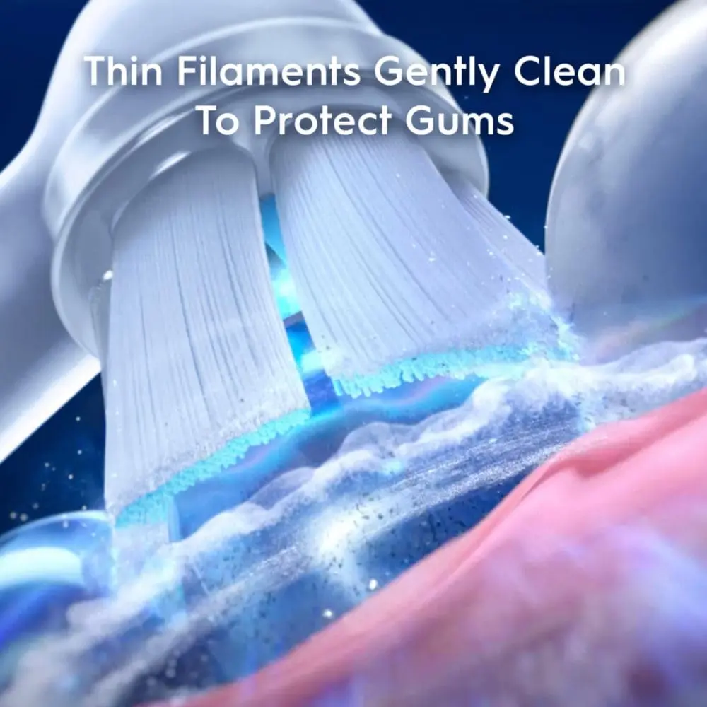 Two white Oral-B iO Gentle Care replacement brush heads with soft bristles, designed for gentle cleaning of teeth and gums with Oral-B iO electric toothbrushes.