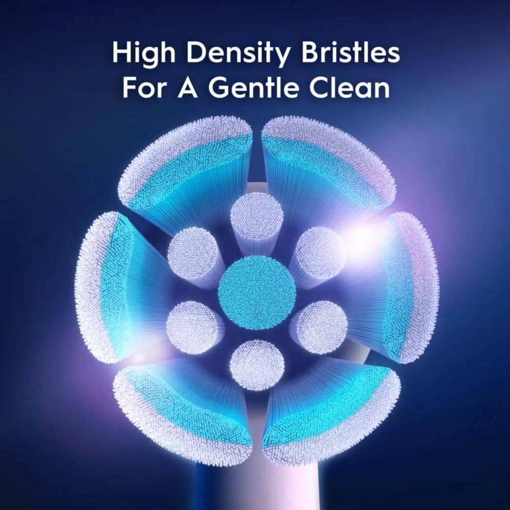 Two white Oral-B iO Gentle Care replacement brush heads with soft bristles, designed for gentle cleaning of teeth and gums with Oral-B iO electric toothbrushes.
