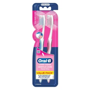 This Oral-B Criss Cross Gentle Care manual toothbrush 2-pack features extra soft, micro-split bristles for improved gum health, enamel protection, and deep cleaning with a small head and ergonomic handle.