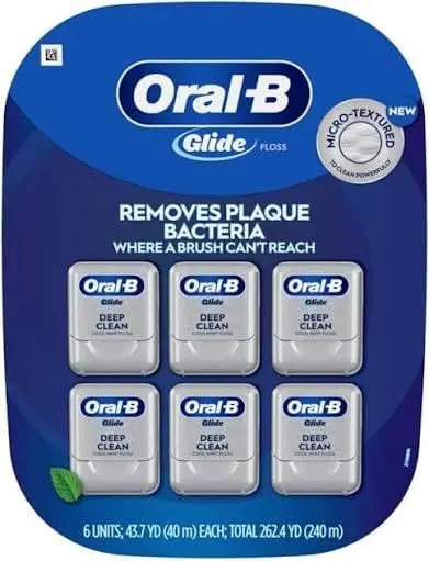 Six packs of Oral-B Glide Deep Clean dental floss, the dentist-recommended brand for effective plaque removal between teeth and along the gumline.