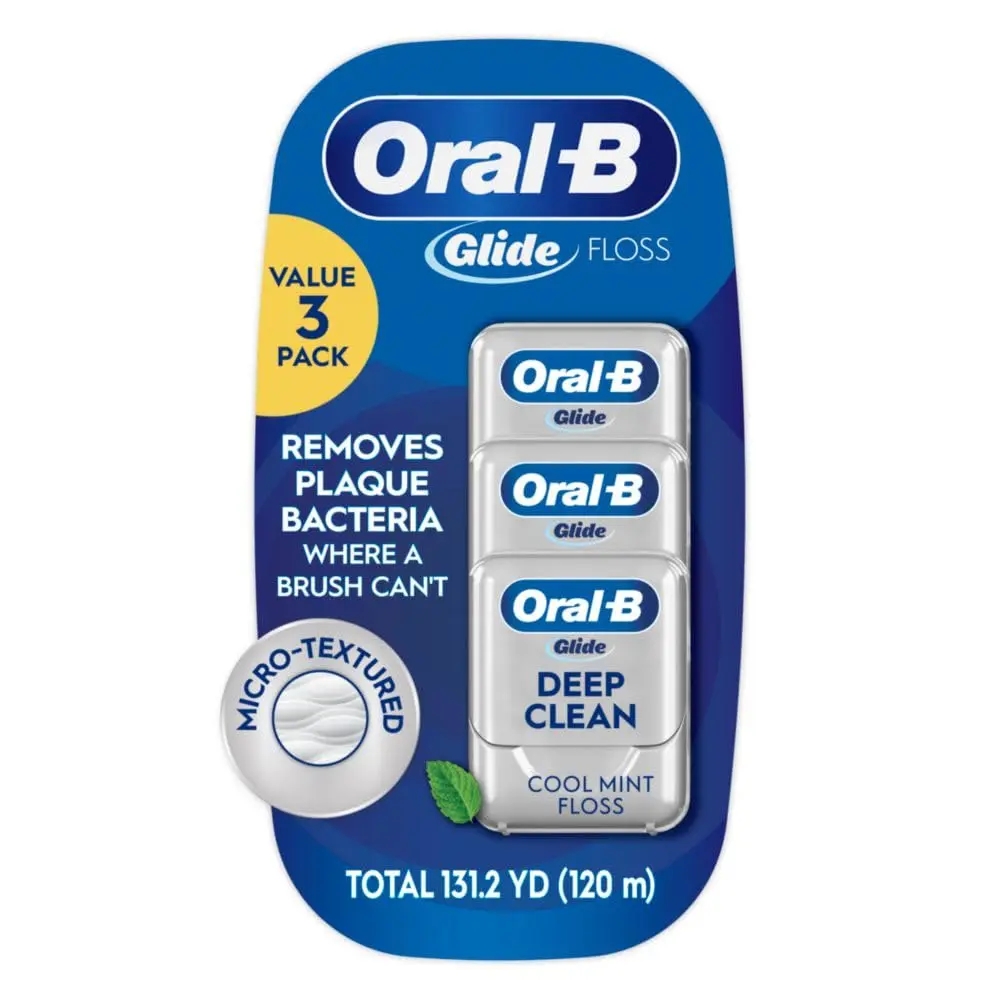 Three-pack of Oral-B Glide Pro-Health Deep Clean Cool Mint floss that slides easily to help prevent gingivitis.