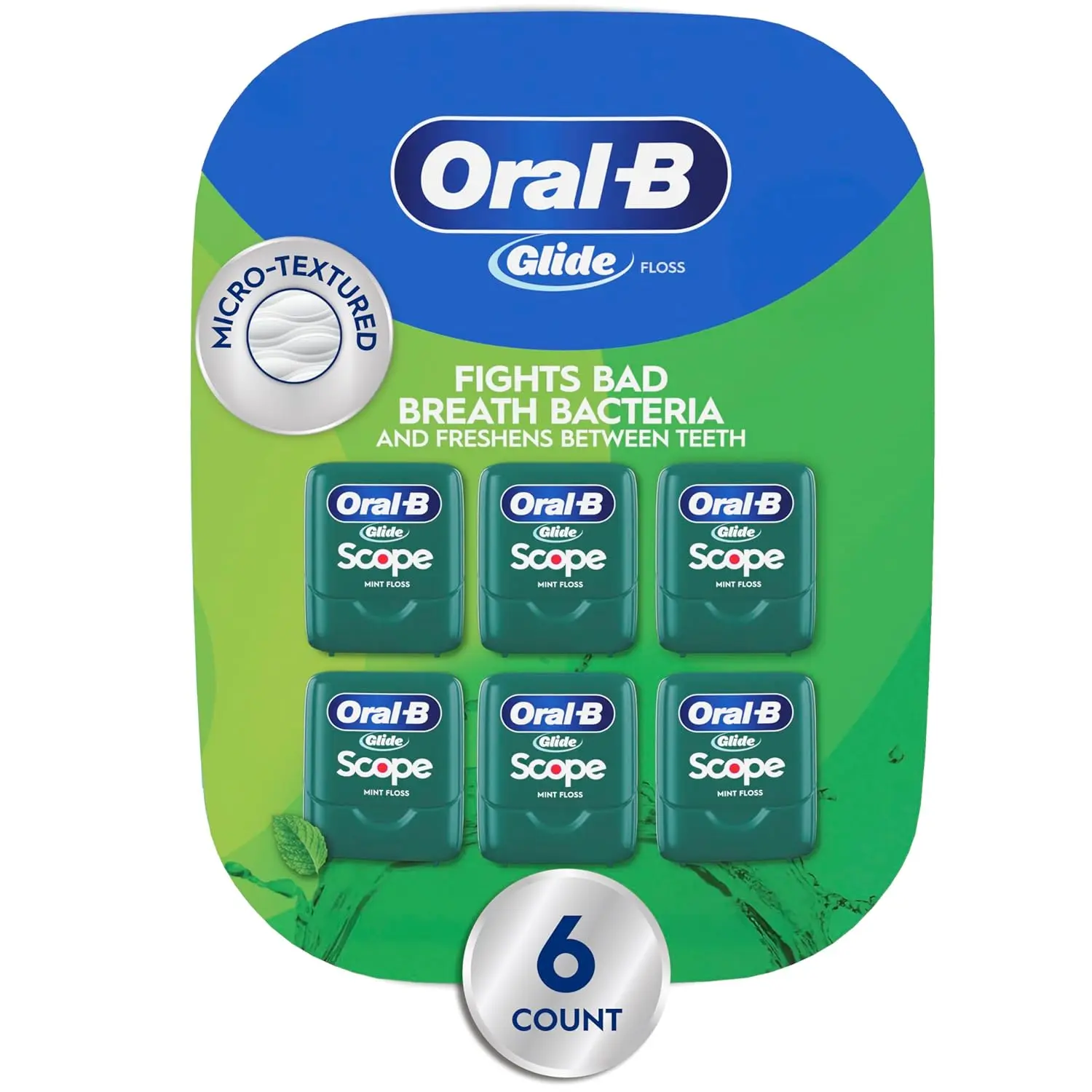 Six packs of Oral-B Glide Deep Clean dental floss, the dentist-recommended brand for effective plaque removal between teeth and along the gumline.