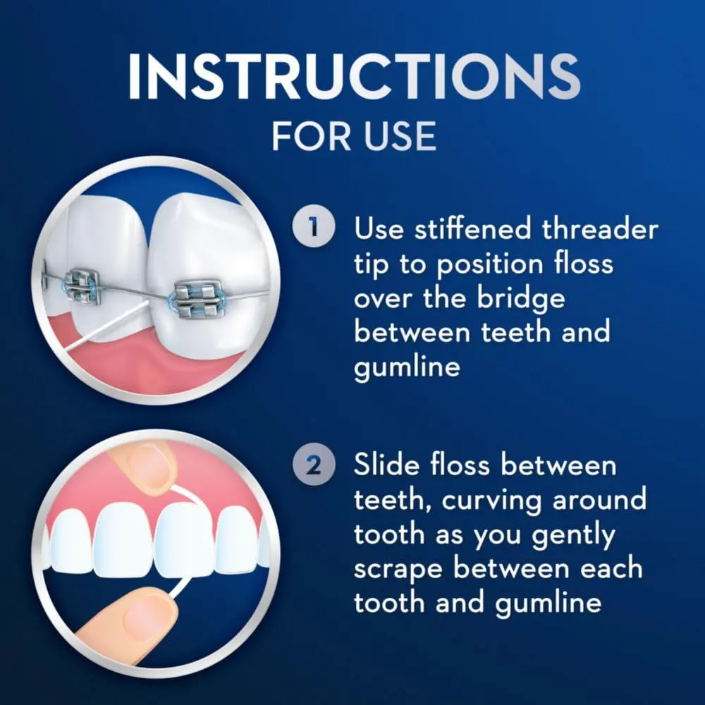 Single-use packets of Oral-B Glide floss threaders easily remove plaque between teeth, ideal for braces, bridges, and implants.