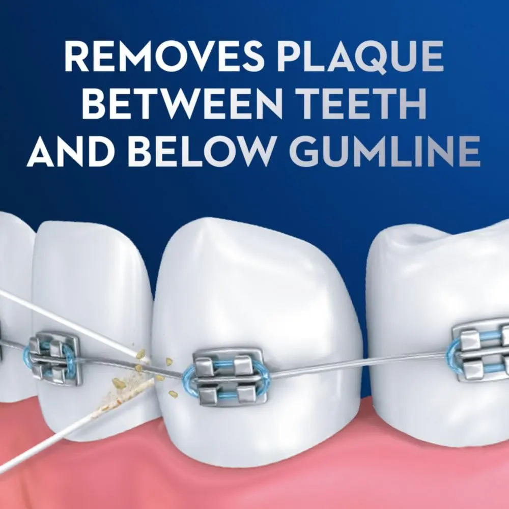 Single-use packets of Oral-B Glide floss threaders easily remove plaque between teeth, ideal for braces, bridges, and implants.