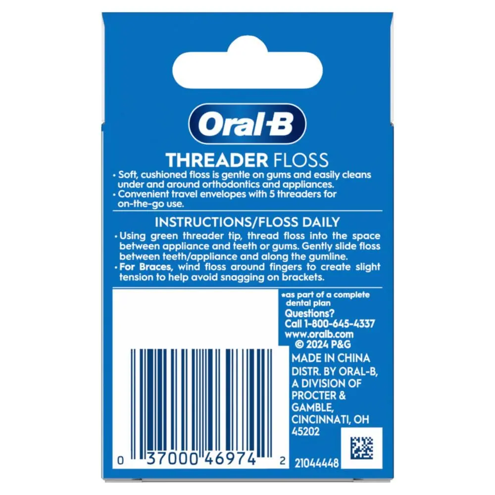 Single-use packets of Oral-B Glide floss threaders easily remove plaque between teeth, ideal for braces, bridges, and implants.
