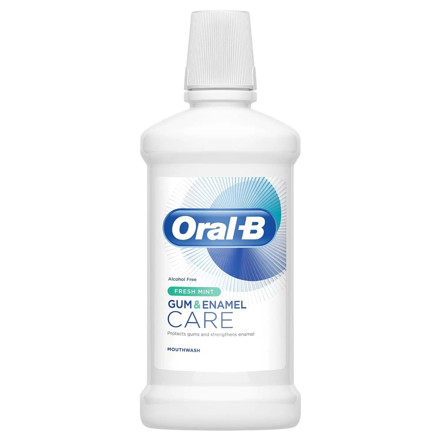 Alcohol-free Oral-B Gum & Enamel Care mouthwash in fresh mint flavor protects gums, strengthens enamel, and helps prevent cavities for fresh breath.