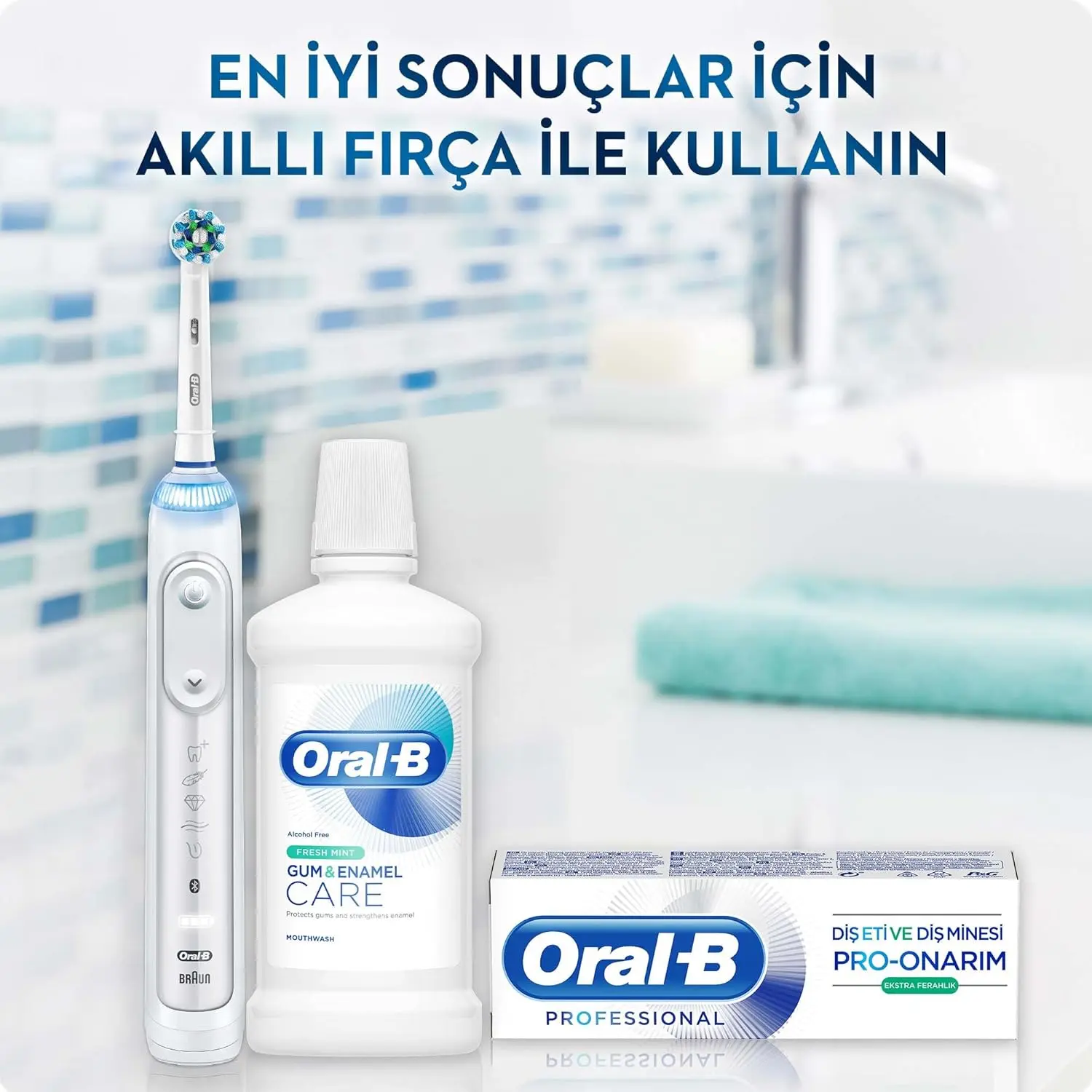 Alcohol-free Oral-B Gum & Enamel Care mouthwash in fresh mint flavor protects gums, strengthens enamel, and helps prevent cavities for fresh breath.