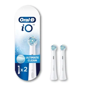 Two Oral-B iO Ultimate Clean replacement brush heads feature professionally inspired design for superior plaque removal on Oral-B iO Series electric toothbrushes.