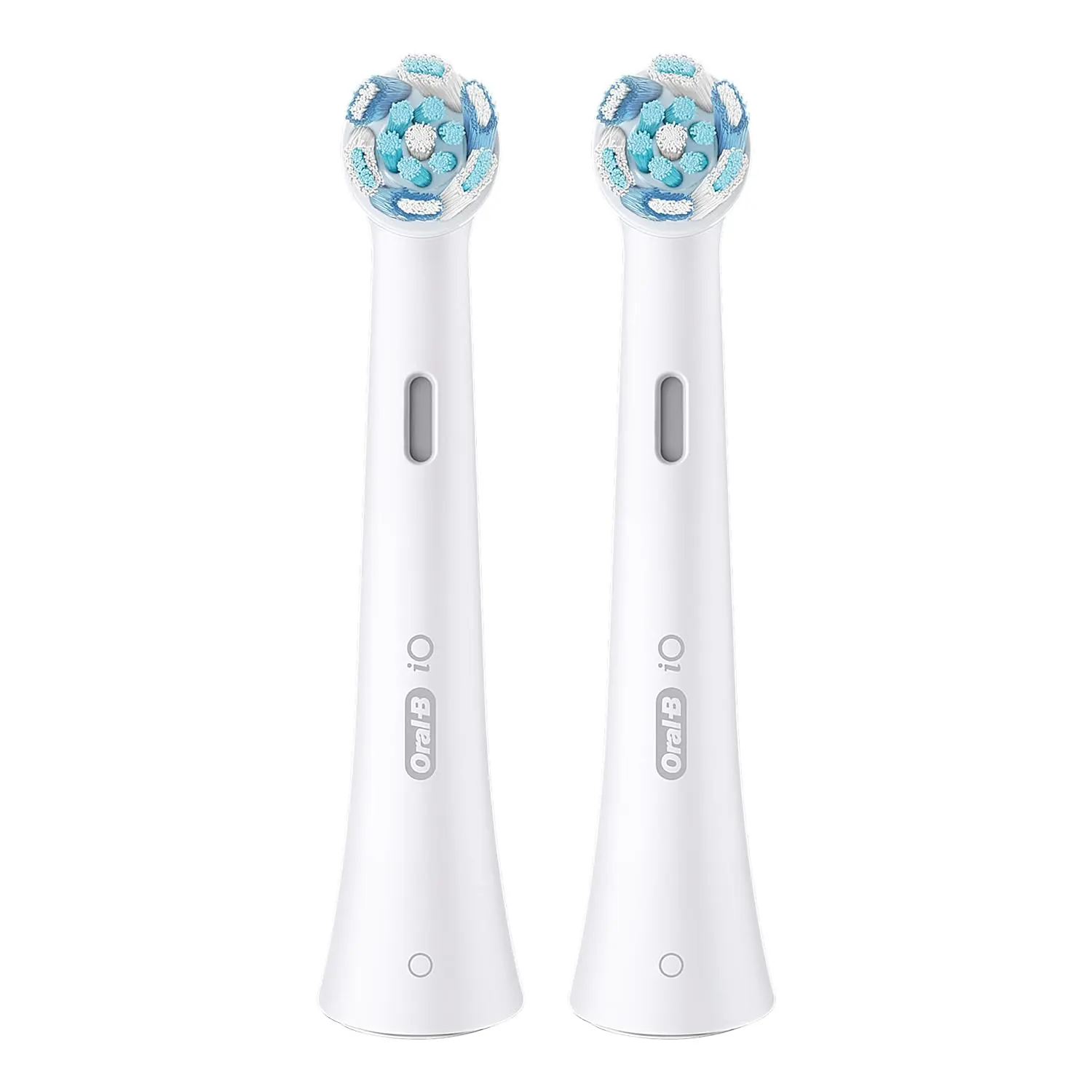 Two Oral-B iO Ultimate Clean replacement brush heads feature professionally inspired design for superior plaque removal on Oral-B iO Series electric toothbrushes.