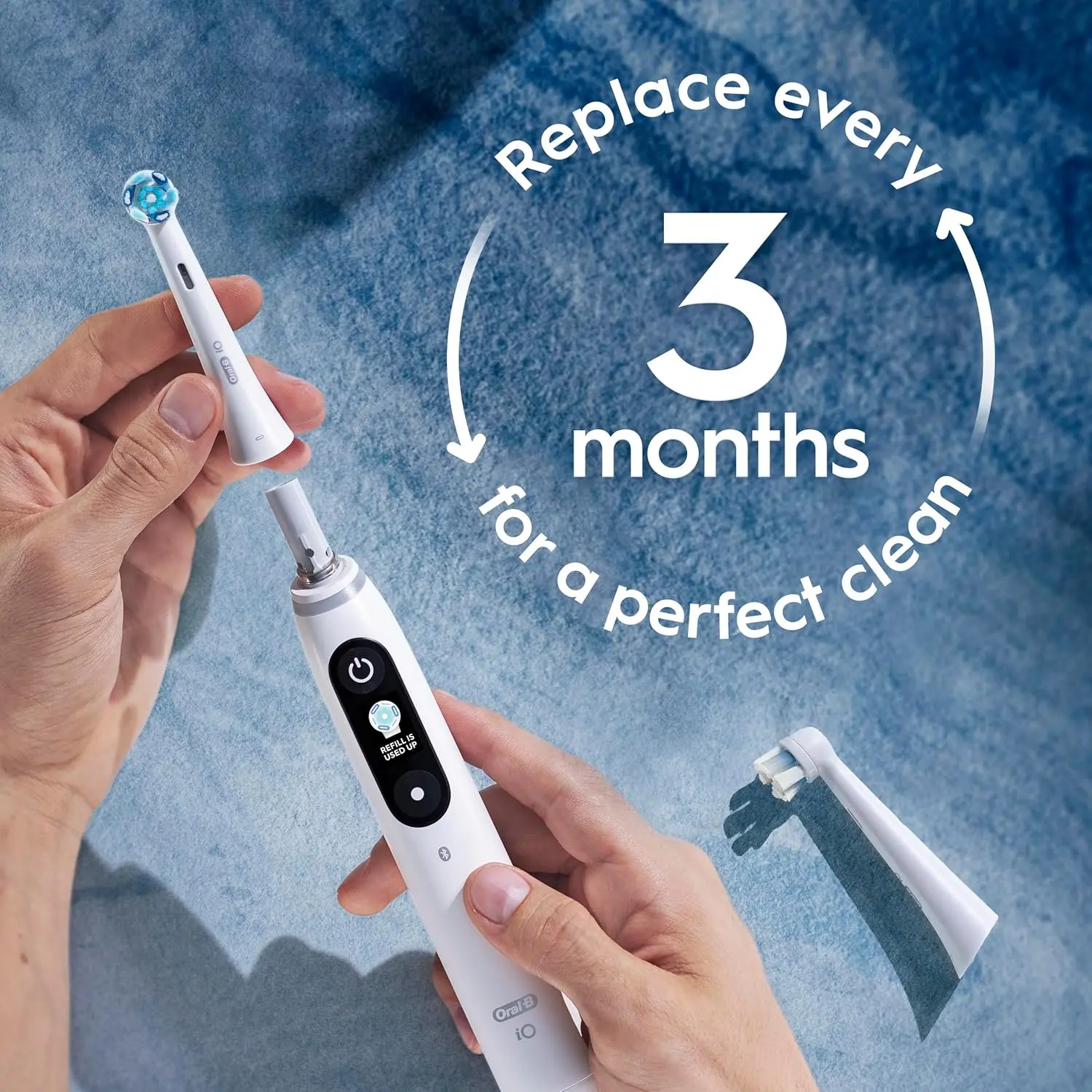 Two Oral-B iO Ultimate Clean replacement brush heads feature professionally inspired design for superior plaque removal on Oral-B iO Series electric toothbrushes.