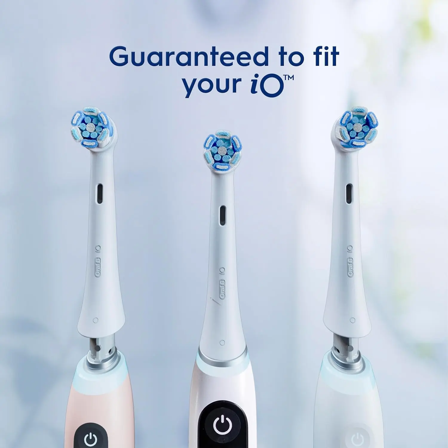 Two Oral-B iO Ultimate Clean replacement brush heads feature professionally inspired design for superior plaque removal on Oral-B iO Series electric toothbrushes.