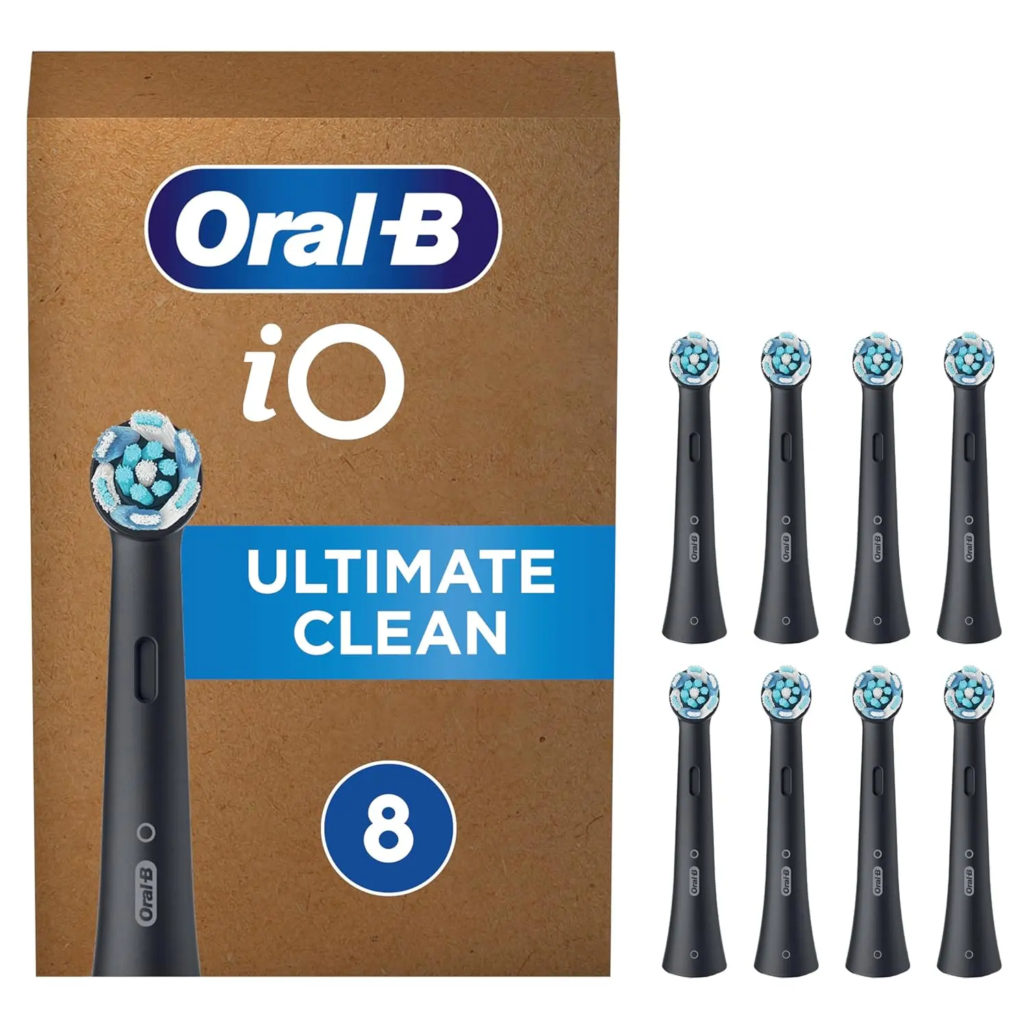 A pack of eight black Oral-B iO Ultimate Clean replacement brush heads, designed with twisted and angled bristles for superior plaque removal when used with Oral-B iO electric toothbrushes.