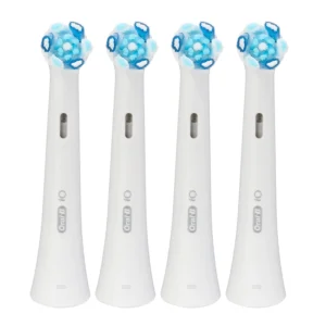Four Oral-B iO Ultimate Clean replacement toothbrush heads designed for the Oral-B iO electric toothbrush, featuring innovative bristles for up to 100% plaque removal.