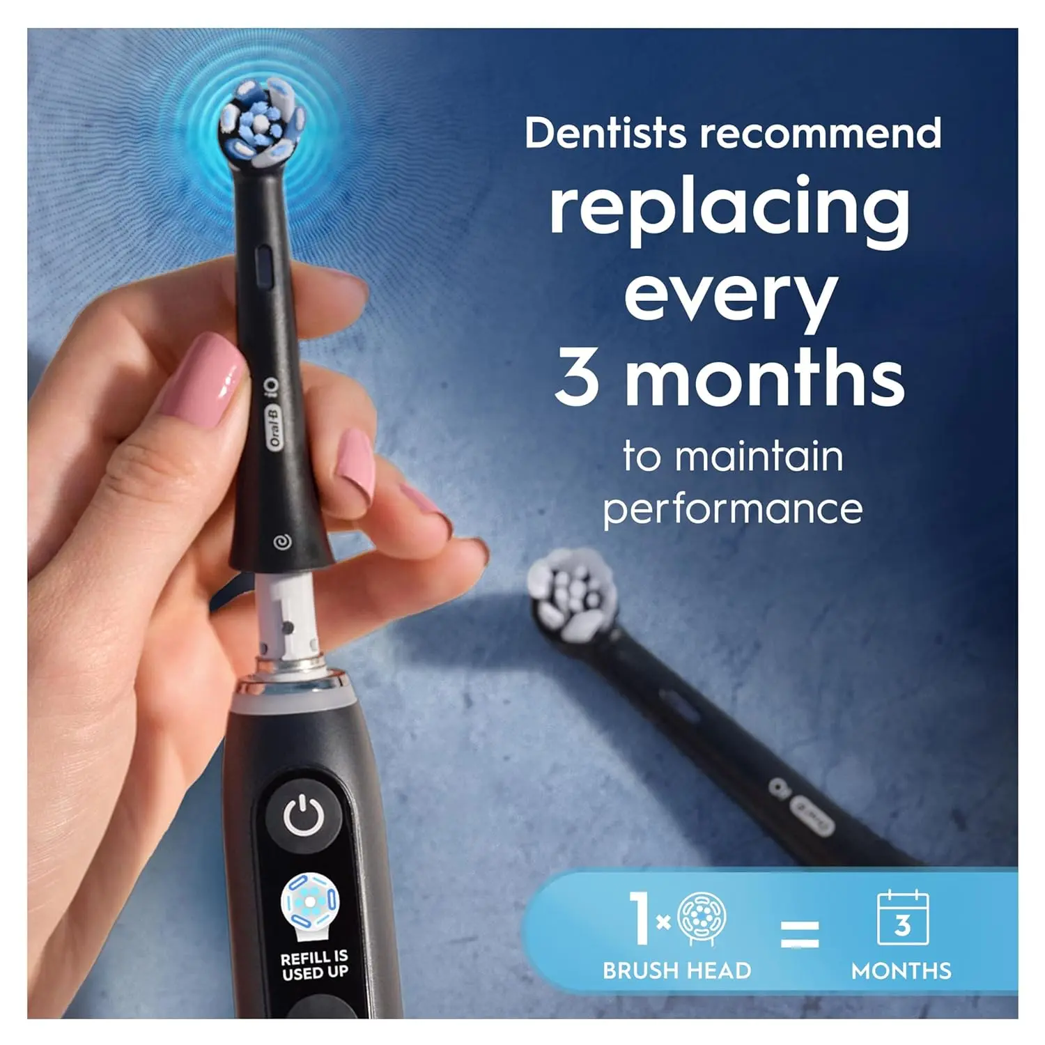 A pack of eight black Oral-B iO Ultimate Clean replacement brush heads, designed with twisted and angled bristles for superior plaque removal when used with Oral-B iO electric toothbrushes.