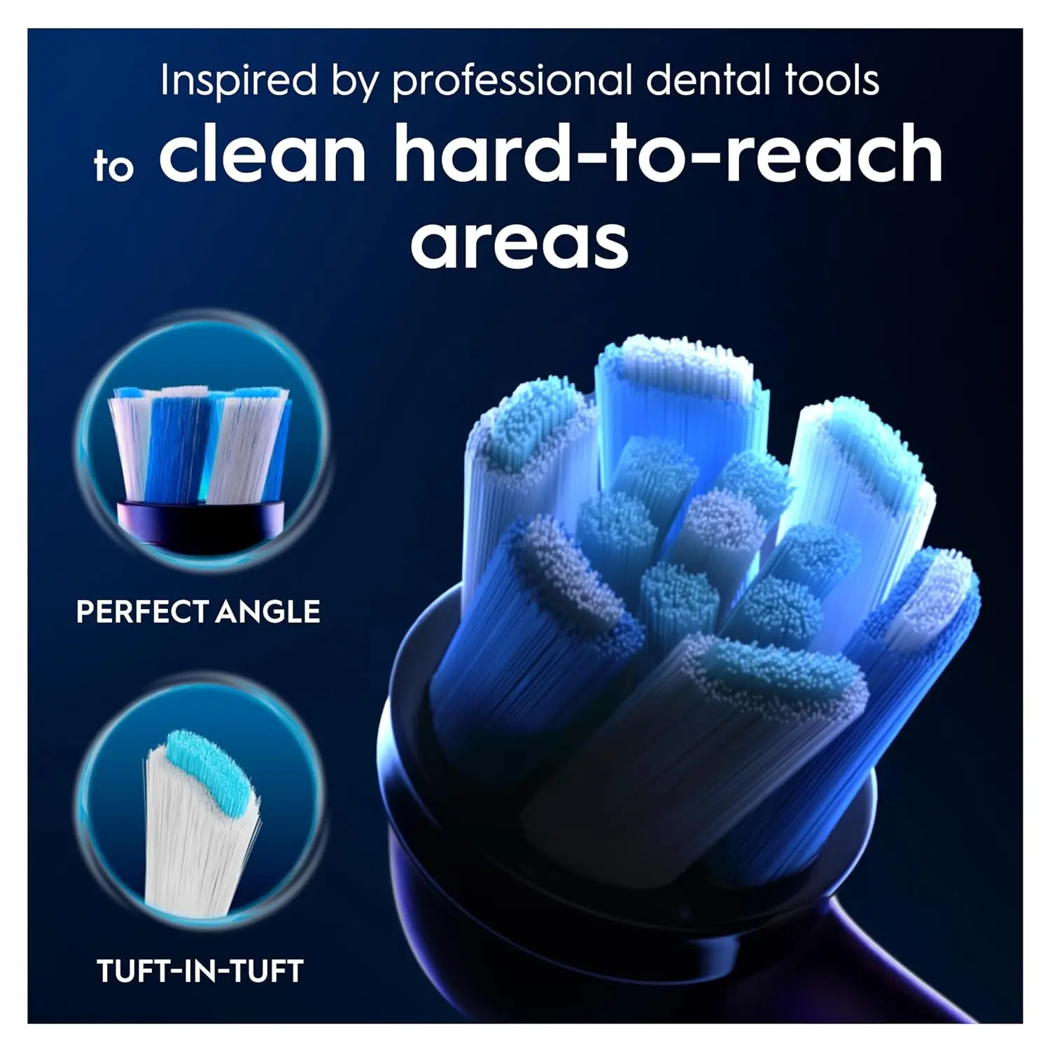 A pack of eight black Oral-B iO Ultimate Clean replacement brush heads, designed with twisted and angled bristles for superior plaque removal when used with Oral-B iO electric toothbrushes.